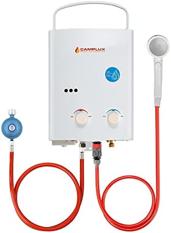 Camplux AY132-DE Tankless Chauffe-eau à Gaz, 50 mbar 5 Litres, avec Poignée Portable, 10kW, Gaz Propane/Butane pour Douche de Camping, Douche de Chevaux