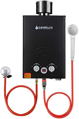 Camplux BW158BC Chauffe-eau à Gaz à 6 Litres sans Réservoir, avec Couvercle de Pluie, Propane ou Butane, 12kW, Noir