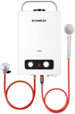 Chauffe-eau à Gaz 6 Litres, CAMPLUX BD158 Chauffe-eau Instantané au GPL avec Poignée, Butane (28-30mbar)/ Propane (37mbar), pour Douche de Camping/Caravane/Cheval de Lavage