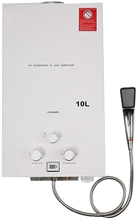 ECUTEE Chauffe eau gaz 10L 20 kW Propane Chauffe eau instantané Tankless chaudiere avec pommeau de douche et tuyau de douche galvanisés Pour camping, bains de camping en plein air et douche RV, Blanc