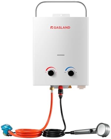 GASLAND AS132 Chauffe-eau à gaz, 5 L/min sans réservoir de gaz propane 30/37 mbar, chaudière instantanée à GPL avec poignée pour camping-car, camping, douche, lavage cheval