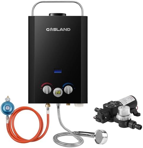 GASLAND BE158BP60-DE Chauffe-eau instantané à gaz sans réservoir 6 l 50 mbar, chauffe-eau instantané LPG portable avec pompe à eau 12 V pour douche de camping, excursion en camping-car, cheval de