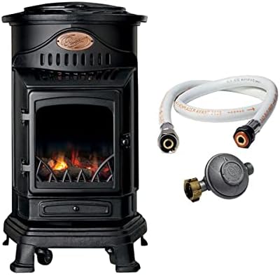 UNIVERSAL – Chauffage d’appoint gaz Provence 3,4 KW Noir mat Poêle à gaz effet bois Fonte véritable Tuyau gaz vissable 1.5 m + detendeur butane