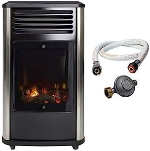 UNIVERSAL – Poêle à gaz 3.4 kW Noir effet poêle à bois Manhattan Chauffage d’appoint + Tuyau gaz + Détendeur butane