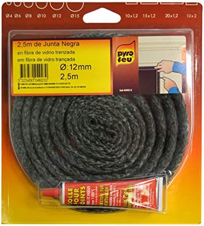 pyrofeu Joint réfractaire 12 mm x 2,5 m + Tube de Colle, Fibre de Verre, Noir, Standard