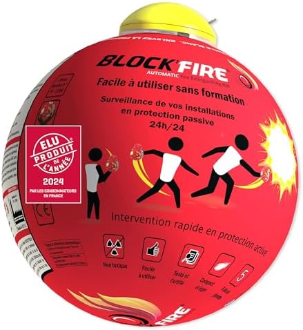 Extincteur Automatique Block’Fire 1.3 Kg | Boule Anti feu Type ABC | Déclenchement instantané à l’impact | Norme CE | sans Entretien | Idéal pour Maison Bureau Cuisine | Support-Vis et Notice Inclus