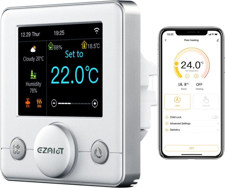 EZAIoT Thermostat WiFi Intelligent (pour Chaudières à Gaz), Contrôle de la Température Intérieure 220V (3A), Météo et Humidité, Programmable, Multi-Langue, Contrôle Vocal Alexa et Google Assistant.