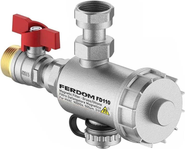 FERDOM FD110 Filtre Magnétique Chauffage Central, Compact. Avec Séparateur de Boues non Magnétique. Pour Chaudière Murale -Divers Types. Aimant 9000Gs, Filtre À Mailles 500Mic. 4 Positions d’Instal.