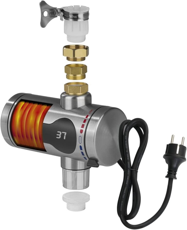 Hoberg chauffe-eau électrique instantané | Chauffage rapide grâce à la spirale chauffante | Avec affichage de la température | Pour l’intérieur et l’extérieur | Sans réservoir d’eau [max. 3600 W]